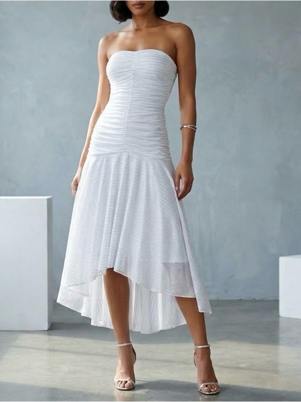 NEW VINTAGE y2k Size L Teeze Me White Strapless Pinstripe High Low Tube Dress
